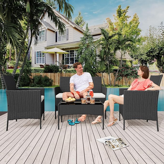 4 Pieces Patio Furniture Sets, Outdoor Wicker Conversation Sets with Soft Cushion and Glass Table, All Weather Manual Rattan Chairs for Garden, Terrace, Porch, Lawn, Poolside, Black and Beige