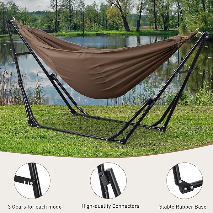 Ainfox Hammock with Foldable Stand, 2 in 1 Hammock and Swinging Chair with Carrying Bag, Portable Camping Chair Suitable for Outside, Swing,Patio,Garden,Camping Trip Coffee