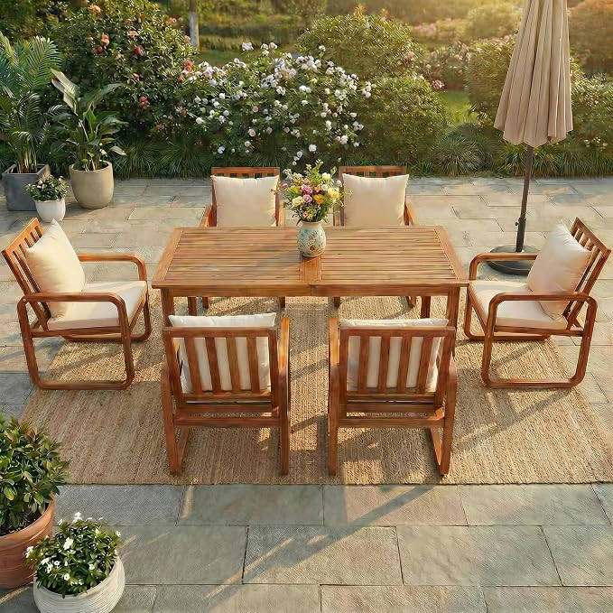 RUNNA 7 Pieces Outdoor Patio Dining Table Set with Removable Cushions, Modern Armrests and Spacious Table, Outdoor Furniture Set for Backyard, Garden Entertaining (Brown-A7)