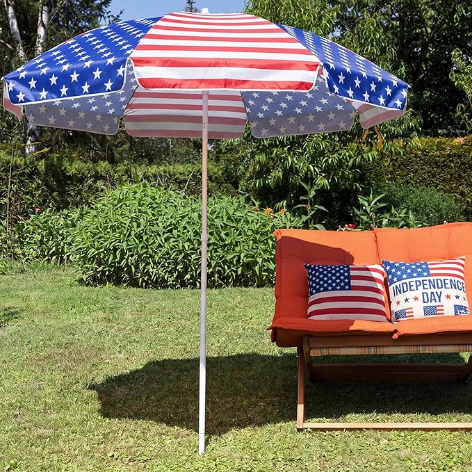 7.9ft 4th of July Patriotic Beach Umbrella Large American Flag Heavy Duty Wind Grade Red Blue White Umbrella UV 50+ for Patio Outdoor Independence Day