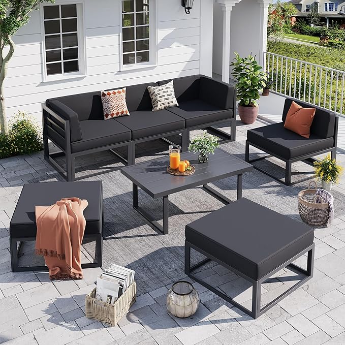 UDPATIO Aluminum Patio Furniture Set, Modular Oversized Outdoor Sectional of Olefin 5 inch Thick Cushion, Coffee Table and Waterproof Cover, Patio Conversation Sets for Porch, Deck