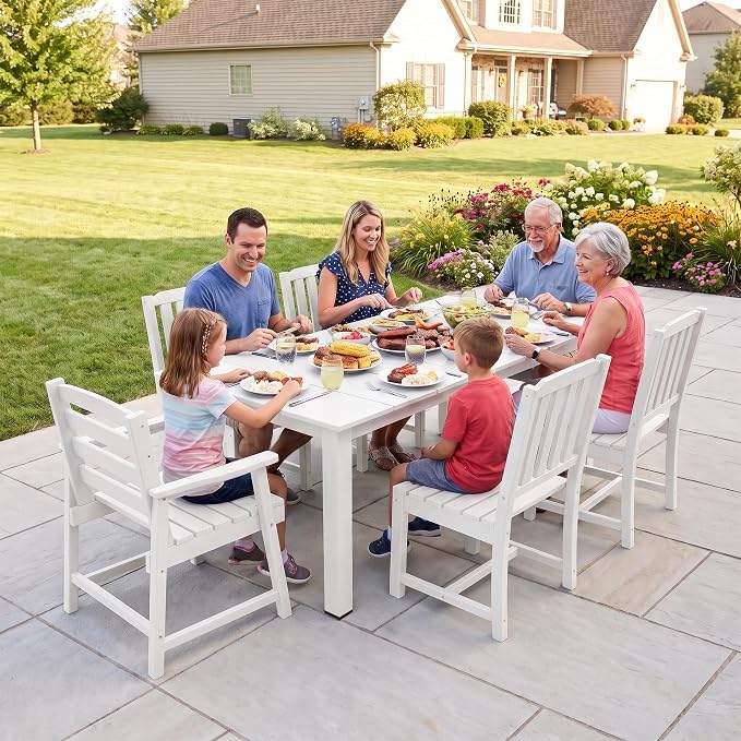LOUNZY 7 Piece Patio Dining Set for 6, Outdoor Table and Chairs,White | 75.2” table,6 seat patio dining set, HDPE wood-look, fade resistant and waterproof, low maintenance outdoor furniture