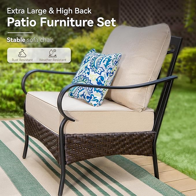 GREEN PARTY Extra Large Outdoor Patio Furniture Set 7 Pieces for 9, Modern Metal Patio Conversation Sets with High Back 3-Seat Sofa & Loveseat Sofa, 2 Fixed Chairs, 2 Ottoman, 1 Coffee Table