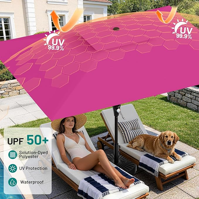 AreShark 8'x10' 2 Tiers Rectangular Patio Umbrella - Outdoor Umbrella Waterproof UV Protection, Market Table Umbrella w/Crank for Pool, Backyard, Deck(Rose Pink)