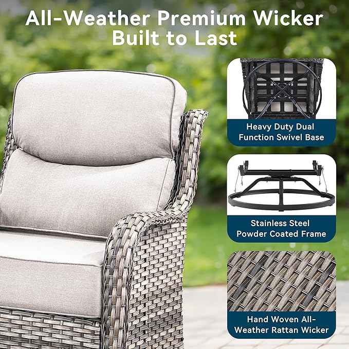 Luxury Outdoor Swivel Rocker Patio Chairs-3 Piece Wicker Patio Rocking Chairs Set of 2 with Glass Side Table 6" Thick Cushions High Back Outdoor Furniture Sets for Deck Porch Balcony(Grey/Beige)