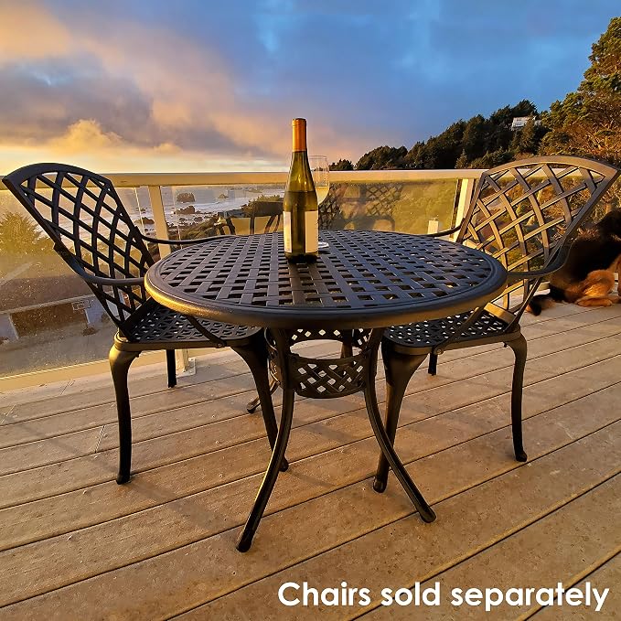 Sunnydaze Decorative Lattice Cast Aluminum Patio Dining Table with Umbrella Hole - 33-Inch Diameter - Black