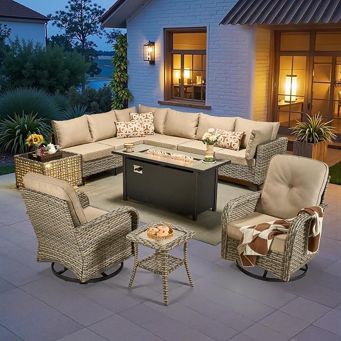 CAODOC 11-Piece Outdoor Sectional Sofa Set w/ 54" Fire Pit – L-Shaped Wicker Patio Furniture, Deep Seating & Swivel Rockers,Beige