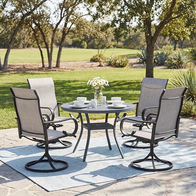 5 Pieces Patio Dining Set, 4 Outdoor Swivel Dining Chairs with 40.6" Round Metal Outdoor Dining Table with Umbrella Hole for Garden Backyard Deck, Grey & Dark Grey