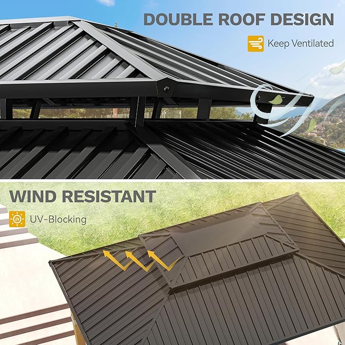 DWVO 11X13FT Gazebo Wood Outdoor Wooden Frame Double Roof Hardtop Galvanized Steel Top Canopy w/Curtain and Netting, Patio Heavy Duty for Deck, Backyard, Beige Yellow