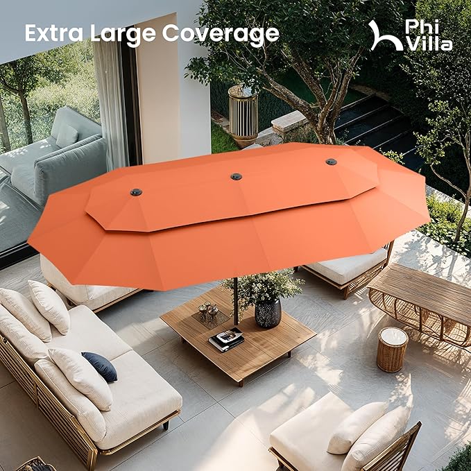 PHI VILLA 13ft Large Patio Umbrellas with Base Included, 2-Tier Double-Sided Outdoor Market Rectangle Umbrella for Outside, Orange Red