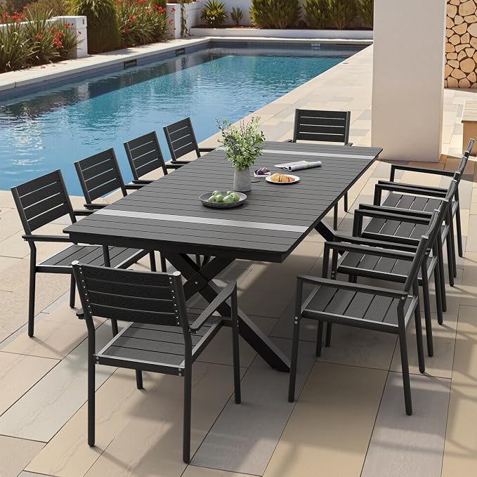 Pellebant 11 Piece Patio Table and Chairs Set for 10, Aluminum Outdoor Dining Set with Umbrella Hole, Stackable Dining Chairs & 94" Dining Table, Black