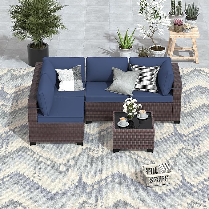 ALAULM 5 Pieces Patio Furniture Set Wicker Patio Conversation Set, Outdoor Sectional Furniture w/Coffee Table & Washable Seat Cushions-Dark Blue