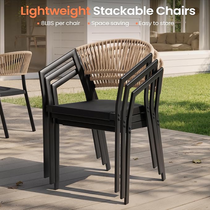 Pellebant Aluminum 13-Piece Outdoor Dining Table Set for 8-12 Person | Patio Stackable Chair with U-Shaped Wicker Backrest, 118" Table with Wood-Grain Top & Umbrella Hole, Aluminum Frame Furniture
