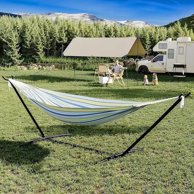 in ＆ Outdoor Double Hammock with Stand Can Bear 450lb Capacity, 2 Person Portable Foldable Hammock, Heavy-Duty Hammock,for Garden/Backyard/Patio,Blue and Green Stripes
