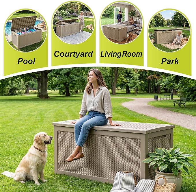 ROJIK 320 Gallon Deck Box Outdoor Waterproof,Weatherproof Outdoor Storage Boxes Lockable with Lid,Outside Resin Storage Bench for Patio Cushions,Garden Tools and Pool Accessories(Grey)