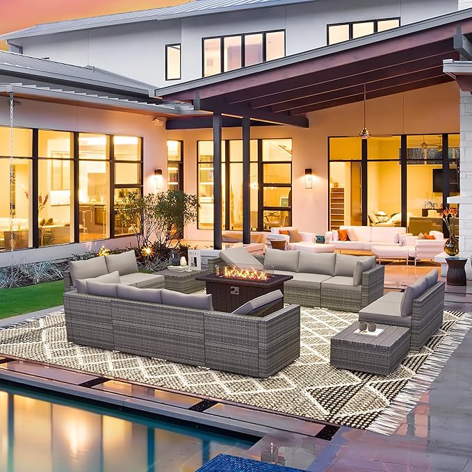 HOMREST 15 Pieces Outdoor Patio Furniture Set with 44" Propane Fire Pit Table, PE Rattan Sectional Sofa Conversation Set w/Adjustable Bracket, Wood Coffee Table for Backyard (Grey)