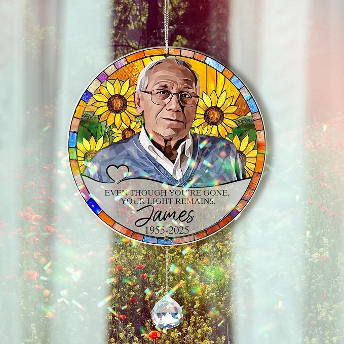 Personalized Photo Memorial Acrylic Window Hanging Suncatcher with Charm - Sympathy Memorial Gift, Loss of Mother, Loss of Father, Custom Photo, Name, Years (Memorial Suncatcher with Charm)