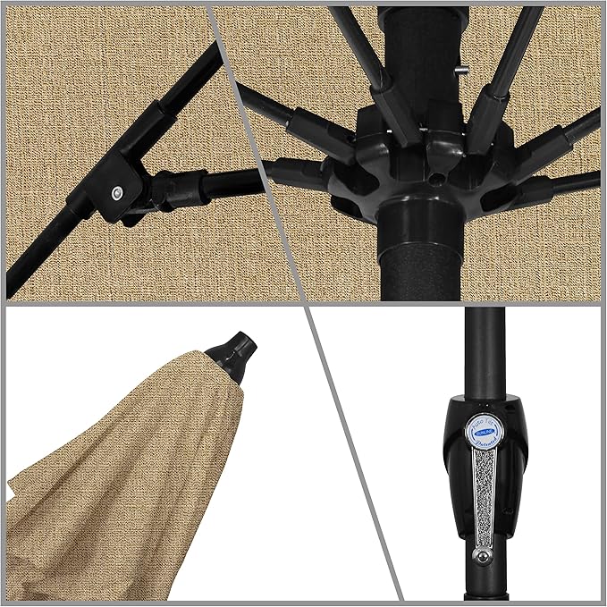 California Umbrella 12-Year Protection 9-Ft Outdoor Patio Umbrella, Sunbrella Fade-Resistant Acrylic Fabric, Auto Tilt and Crank, Heavy-Duty Aluminum Frame/Reinforced Ribs, Bronze Pole, Linen Sesame