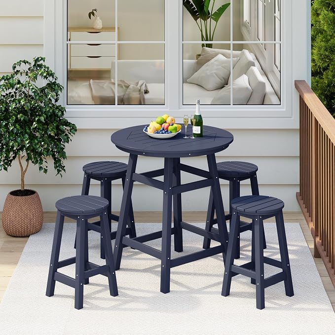 Costaelm Patio Bistro Table, 37" Counter Height Round Patio Cocktail Bar Table with Umbrella Hole, Outdoor Bistro Dining Pub Table for Front Porch Deck Backyard Garden, Navy Blue