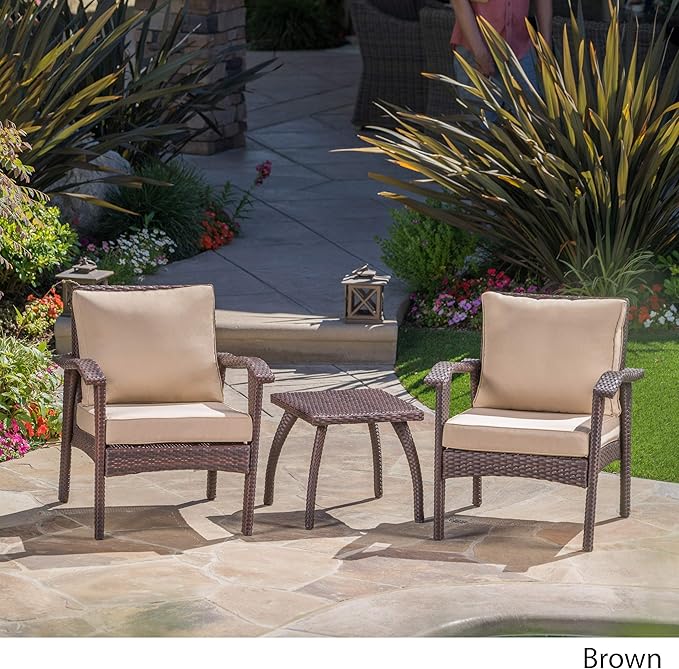 Christopher Knight Home Honolulu PE Club Chairs and Accent Table Set, 3-Pcs Set, Brown