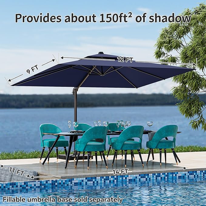 9x12FT Cantilever Patio Umbrella - Heavy Duty Double Layer Offset Design with 360° Rotation, Large Rectangle Sun Shade Umbrella for Garden, Deck, Pool, Backyard, Navy Blue