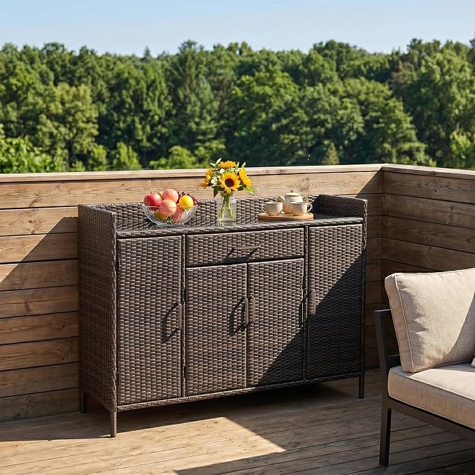 53.2"W Outdoor Weather-proof Rattan Storage Cabinet with Tempered Glass Desktop,Outdoor Wicker Bar Table with One Large Drawer & Adjustable Shelves for Patio, Backyard,Garden,Pool (Black+Brown#81)