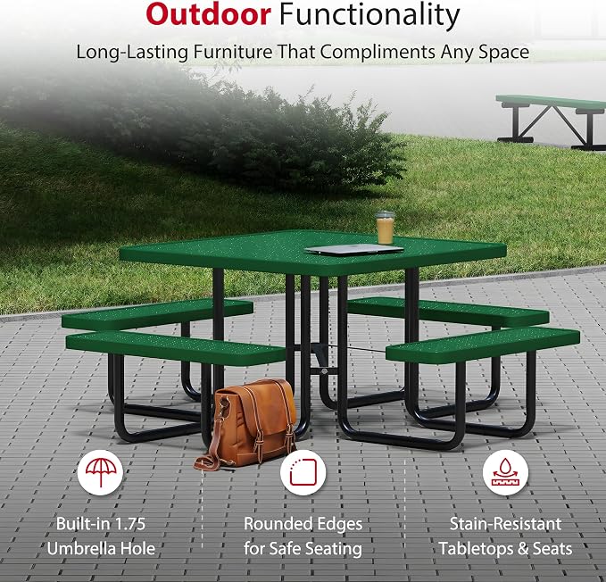 Leisure Craft Metal Picnic Table with Bench - 46" Square Outdoor Dining Table for 8 with Umbrella Hole, Weatherproof Heavy Duty Thermoplastic Coating, Commercial Grade Furniture Made in USA - Green