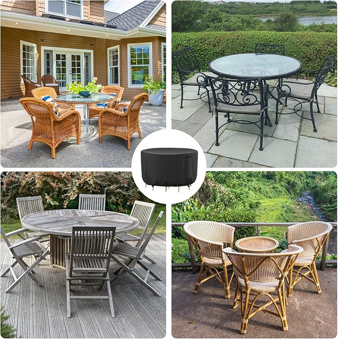 Mrrihand Round Patio Furniture Cover - Waterproof Heavy Duty 600D Outdoor Table Chair Set Covers Anti-Fading Cover for Outdoor Furniture Set, 96"DIAx28"H, Black