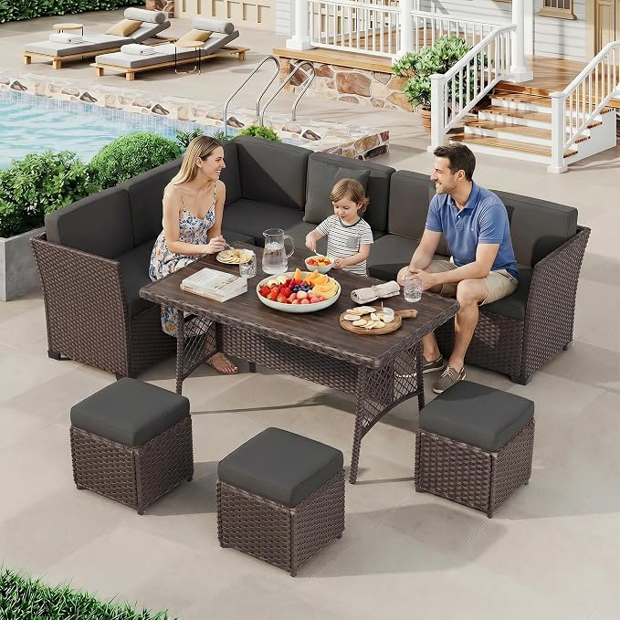 LOUVIXA 7 Pieces Patio Furniture Set, Outdoor Patio Furniture, Wicker Conversation Set with Dining Table, Chairs and Ottoman (6237 Grey-Brown)