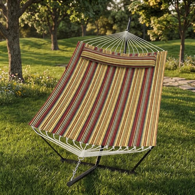 Double Hammock with Stand, Red Portable 2 Person Hammock with Curved Spreader Bar & Balance Ropes, Heavy Duty Steel Frame, Quilted Fabric Hammock Bed with Pillow for Outdoor Patio Backyard Camping
