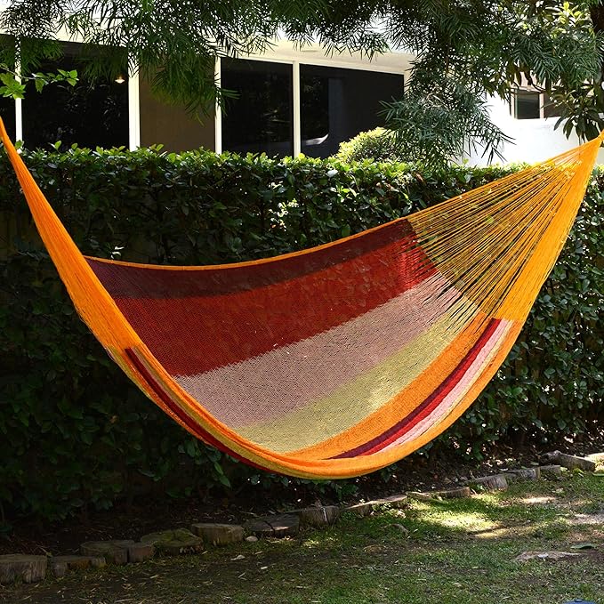 NOVICA Yellow Brown Red Striped Hand Woven Cotton Mayan 2 Person XL Rope Hammock, Tropical Paradise' (Double)