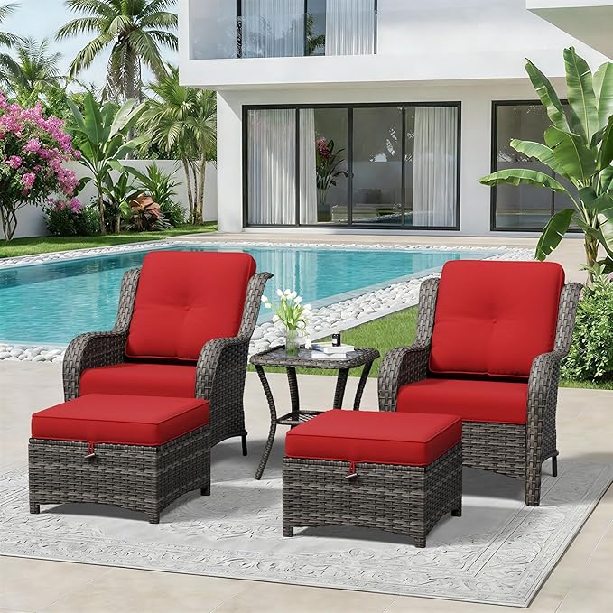 5 Piece Outdoor Wicker Patio Furniture Set, Patio Chairs Set with Thickened Olefin Cushions, High Back and Deep Seating, Hand-Woven PE Rattan, Ottoman for Porch, Deck