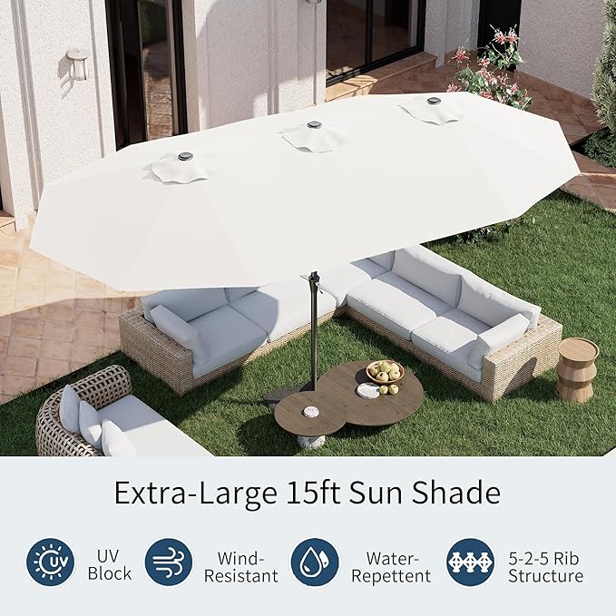 PatioKingdom 15FT Large Patio Umbrella with Base, Double Sided Rectangular Outdoor Umbrella with Sturdy Fiberglass Ribs, Market Umbrella for Pool,Garden,Backyard,Deck (Creamy-white, 15FT)