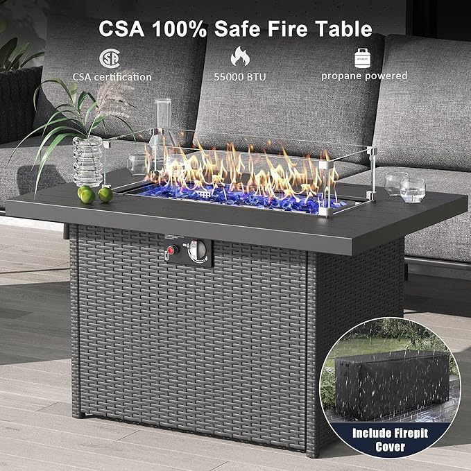 LayinSun 7 Piece Outdoor Furniture Set with Fire Pit Table, Modern Rope Woven Patio Conversation Sofa Set with Olefin Braid and Deep Seating