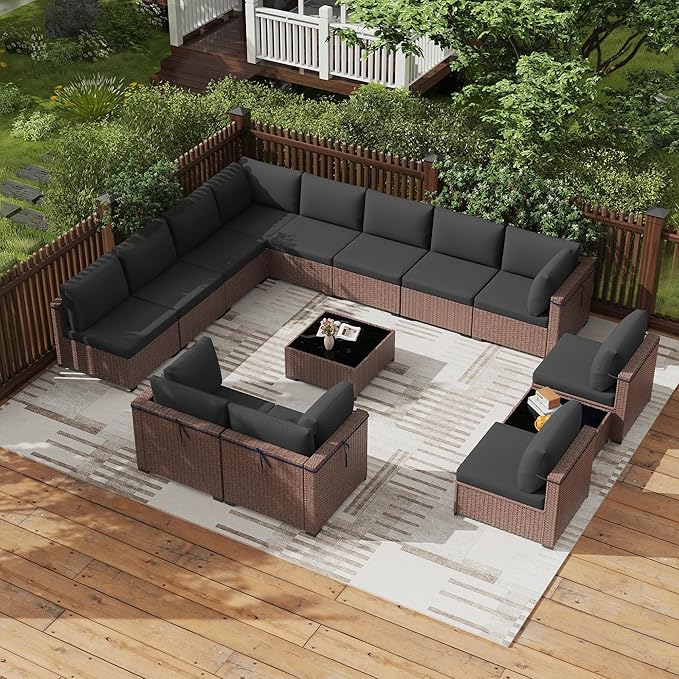 KIGOTY Patio Furniture Set,14 Pieces Modular Outdoor Sectional Sofa, PE Rattan Patio Conversation Set, All Weather Wicker Patio Furniture with Cushions and Coffee Table（Brown/Dark Grey）