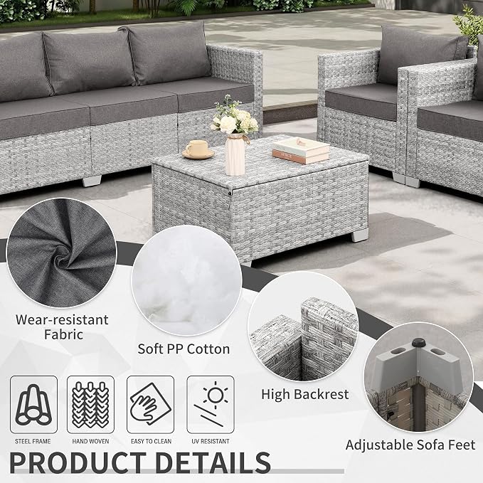 WAROOM Patio Furniture Set 4 Piece Outdoor Wicker Conversation Sets PE Rattan Couch Sectional Sofa with Storage Table, Grey Cushion