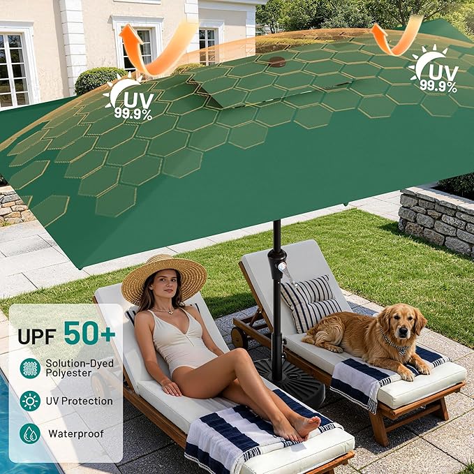 AreShark 6.5'x10' 2 Tiers Rectangular Patio Umbrella - Outdoor Umbrella Waterproof UV Protection, Market Table Umbrella w/Push Button Tilt for Pool, Lawn, Balcony(Dark Green)