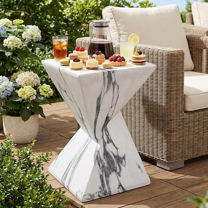 Christopher Knight Home 18.5 Inch Modern Outdoor Faux Concrete Side Table, Patio End Table with Sculptural Fluted Geometric Design, Accent Table for Garden Balcony Poolside