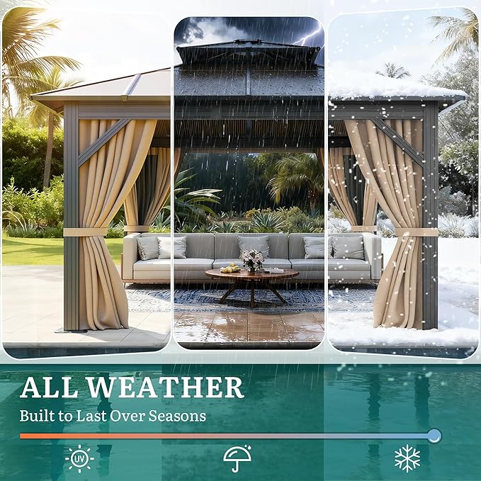 YITAHOME 10X12FT Polycarbonate Gazebo Outdoor Patio Double Top Canopy Galvanized Iron Aluminum Column Garden Tent Curtains Netting for Backyards Decks Lawns,Brown