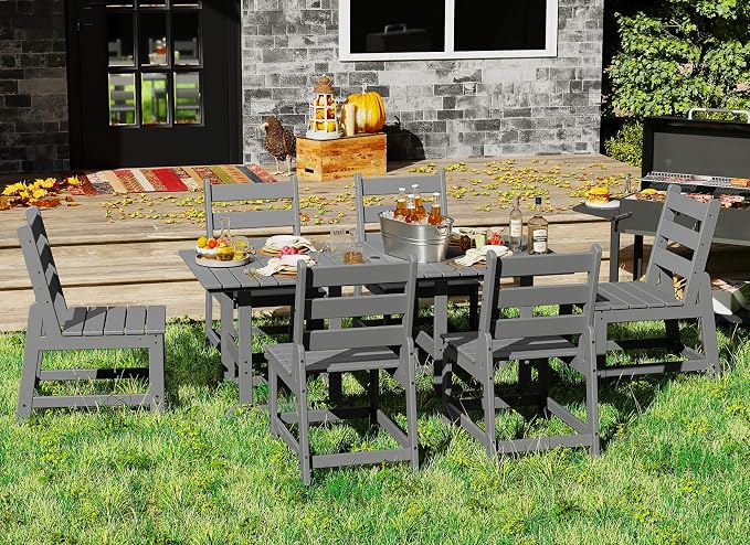 GREENVINES 7-Piece-Outdoor-Table-and-Chairs | HDPE | Patio Furniture | Dining Sets for 6 | Armless Chair | All Weather | Connectable Tables | for Backyard Poolside Garden | Grey