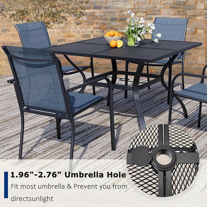 5 Piece Outdoor Dining Set, Patio Table and Chairs Set of 4, 37.5" Black Square Patio Table with 4 Blue Stackable Patio Chairs for Lawn, Garden, Porch