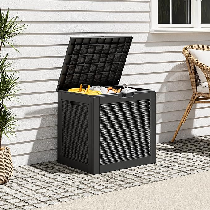 Outdoor Storage Box, Resin Deck Boxes Indoor and outdoor, Waterproof Storage Box Lockable Lid (Black, 35 Gallon)