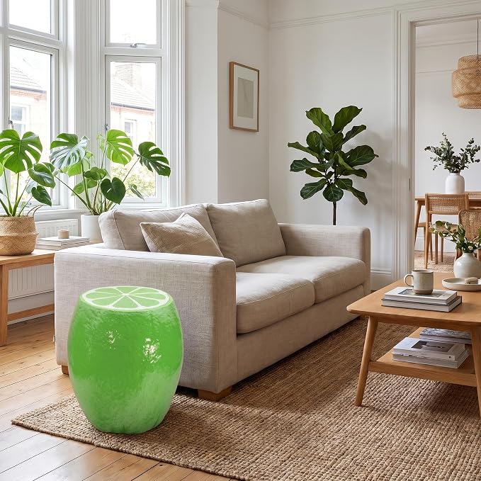 Lime Resin Novelty Stool, Fruit Shaped Plant Stand Side Table Accent Seat, Indoor Outdoor Waterproof Decor, 14.17" H x 12.60" W, Green