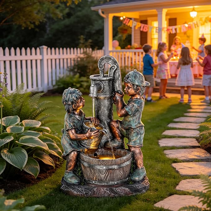 26" Outdoor Fountain, 3-Tier Boy-Girl Playing with Faucet Water Feature with LED Lights, Antique Resin Soothing Cascading Waterfall for Patio, Backyard, Garden or Porch
