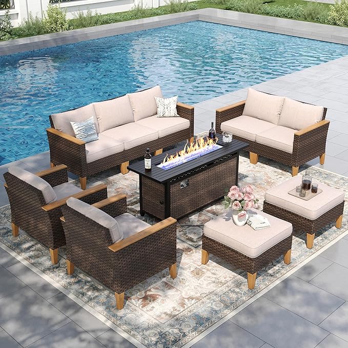 PHI VILLA 9-Seat Outdoor Wicker Furniture Set with 4-inch Thick Cushions, High Back Wicker Sofa with Gas Fire Pit Table for Cozy Patio Conversations in Elegant Beige (Loveseat)