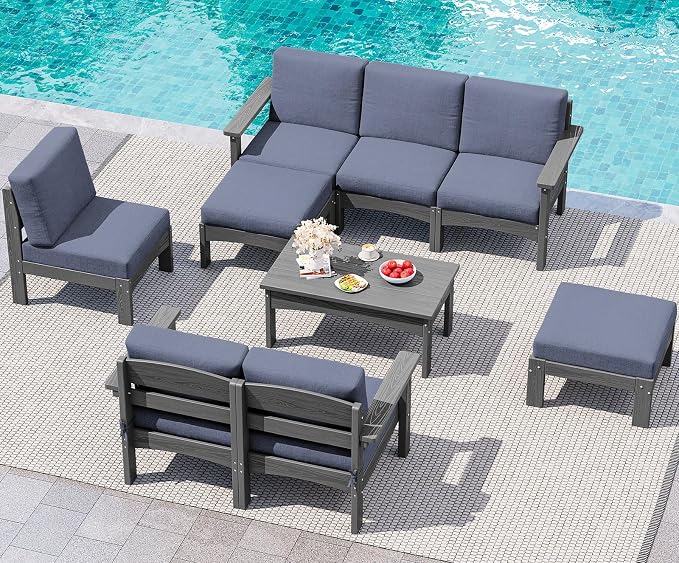 SERWALL 9 Pieces Patio Sofas, All-Weather HDPE Outdoor Sectional Sofa with Cushions and Coffee Table, Extra-Large Modular Conversation Set for Patio, Garden, Deck, Grey Frame with Grey Cushion