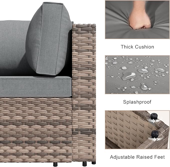 JAMFLY 7-Piece Outdoor Patio Furniture Set, Modular PE Rattan Sectional Sofa with Thick Cushions & Glass Coffee Table for Poolside, Balcony, Garden(Grey Cushion)