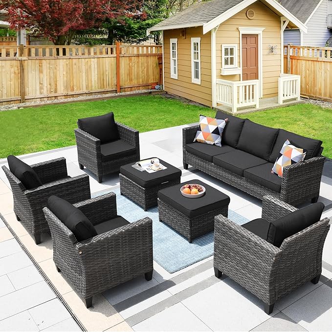 HOOOWOOO Wicker Patio Conversation Sets,7 Piece Outdoor Furniture Set with Ottoman,All Weather Resistant Modern Outside Out Door Rattan Couch Chairs Set,Black