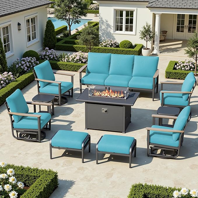 9-Seat Outdoor Patio Furniture Set with Rocking Swivel Chairs, Aluminum Sectional Sofa with Ottomans Patio Conversation Set with 55,000 BTU Fire Pit Table & High Backrest, Turquoise