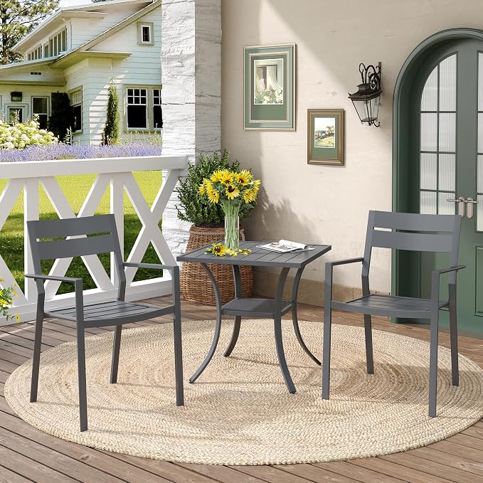 DIFY 3 Pieces Outdoor Patio Dining Set for 2, 27.6" Small Square Metal Dining Table and 2 Patio Stackable Chairs with Metal Frame, Outdoor Table and Chairs for Garden Porch, Grey